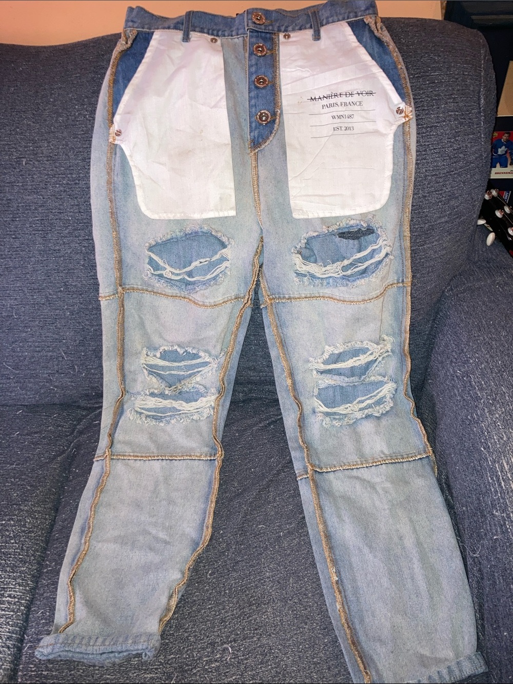Maniere De Voir Light Blue Distressed Patch Jeans